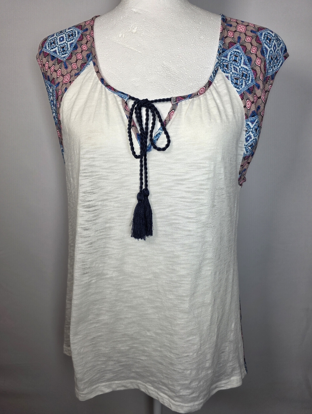 Anthro Hem & Thread Boho Mixed Print Tassel Top Size M Cream Tribal